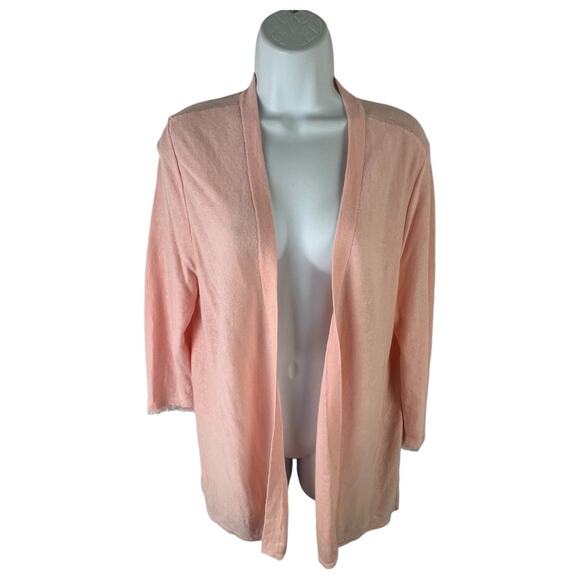 J. Jill Open Cardigan Linen Blend Pink 3/4 Fringe Sleeve Pink NWT sz LP - Picture 1 of 11